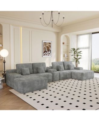  150" Sectional Sofa with 2 Ottomans, Light Grey Corduroy