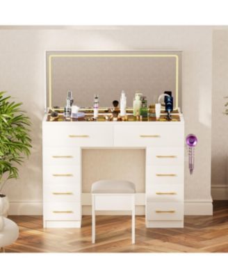 46" Glass Top Vanity Desk with Mirror, Stool, Power Outlet