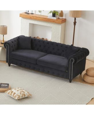  Velvet Chesterfield Sofa 85.5" Rolled Arms 3 Seater Button Design + 2 Cushions
