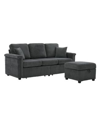 L-Shaped Sectional Sofa w/ Storage Ottoman, USB, Cup Holder, Corduroy