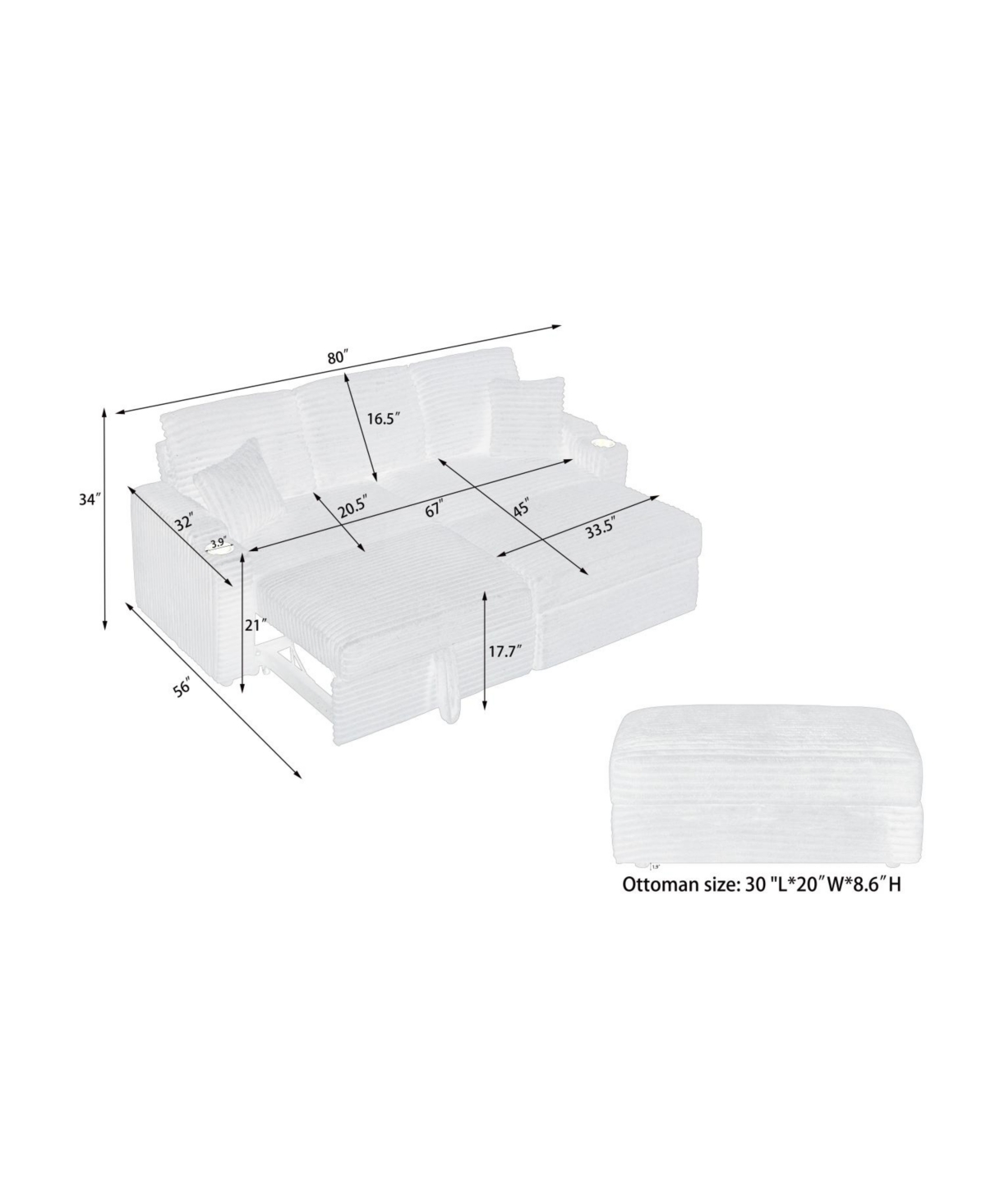 Streamdale Furniture 80" Corduroy Sofa with Reclining, Footstool, Cup Holders