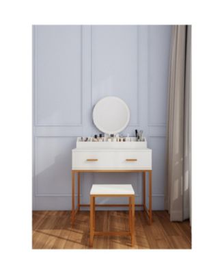 Streamdale White & Gold Vanity Set with Mirror, Stool, Drawers & Organizer