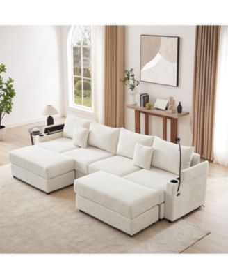 123" Modern Sectional Sofa w/ Storage, Ottomans, USB, Cup & Phone Holders