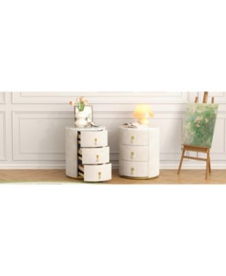 Upholstered Nightstand 2 Set, 3 Drawers, Round, Beige