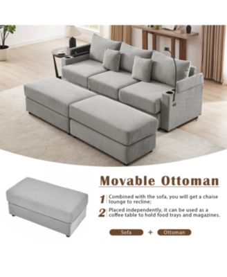 Modern 3-Seater Sectional Sofa w/ Storage, Ottomans, USB, Cup Holders - Grey