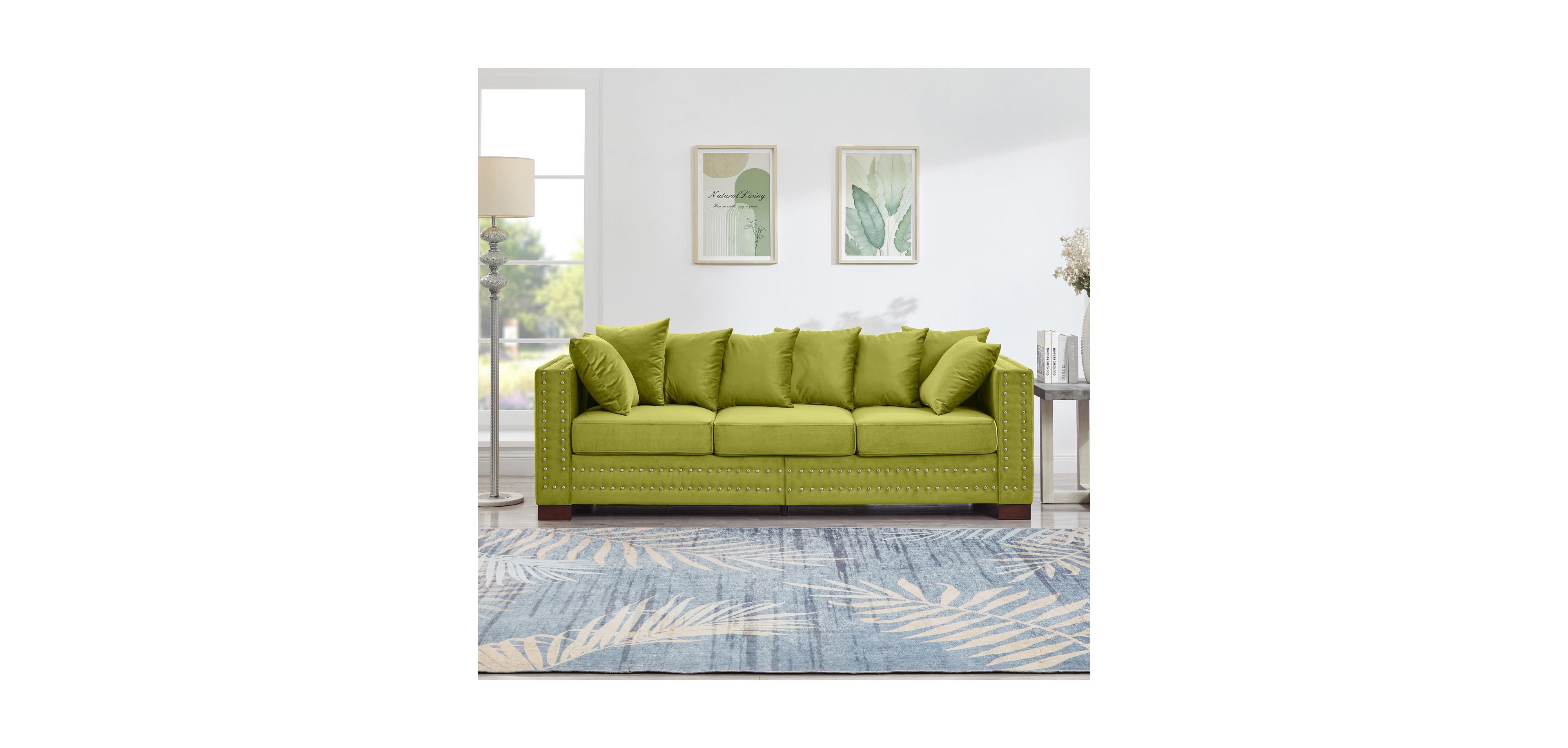 Streamdale Green Velvet Sofa, Modern Design, Silver Nail Detail