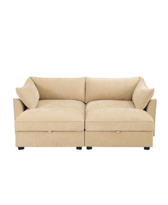 Chenille 2-Seater Sofa with Storage & Footstools - Wheat