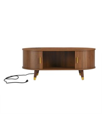 Streamdale Farmhouse TV Stand & Coffee Table Set, Fluted Media Console with Charging Station, Walnut