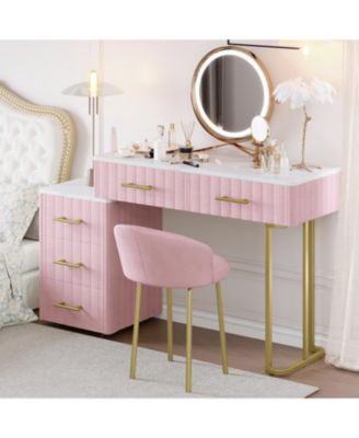 Velvet Vanity Desk Set, Marble Top, Adjustable Storage, Pink