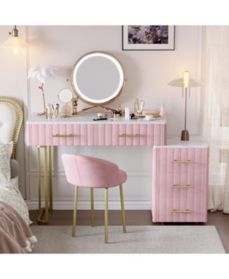 Velvet Vanity Desk Set, Marble Top, Adjustable Storage, Pink