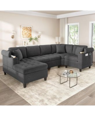Modern U-Shaped Sectional Sofa with USB & Storage, Beige