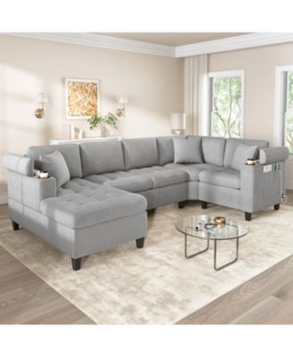 Modern U-Shaped Sectional Sofa with USB & Storage, Beige