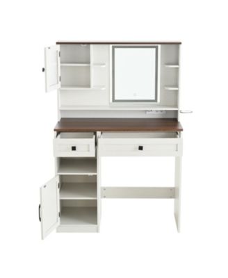 Farmhouse Vanity Desk with Mirror, Lights, Charging Station, Stool