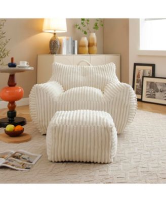  Giant Beige Plush Bean Bag Chair with Footstool