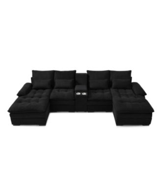 130" U-Shaped Sofa with Console, Cupholders, Sleeper & Chaise (Black)