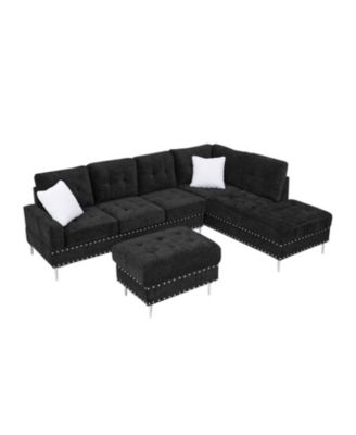 Sectional Sofa with Reversible Chaise, Storage Ottoman, Metal Legs, Pillows, Black