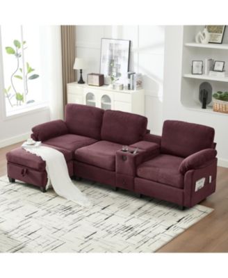 L-Shape Corduroy Sofa- 4-Seater, USB, Storage, Console & Ottoman
