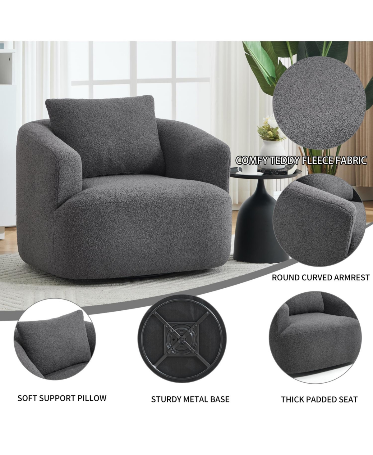 Streamdale Furniture Swivel Teddy Fleece Comfy Chair with Pillow - Dark Grey