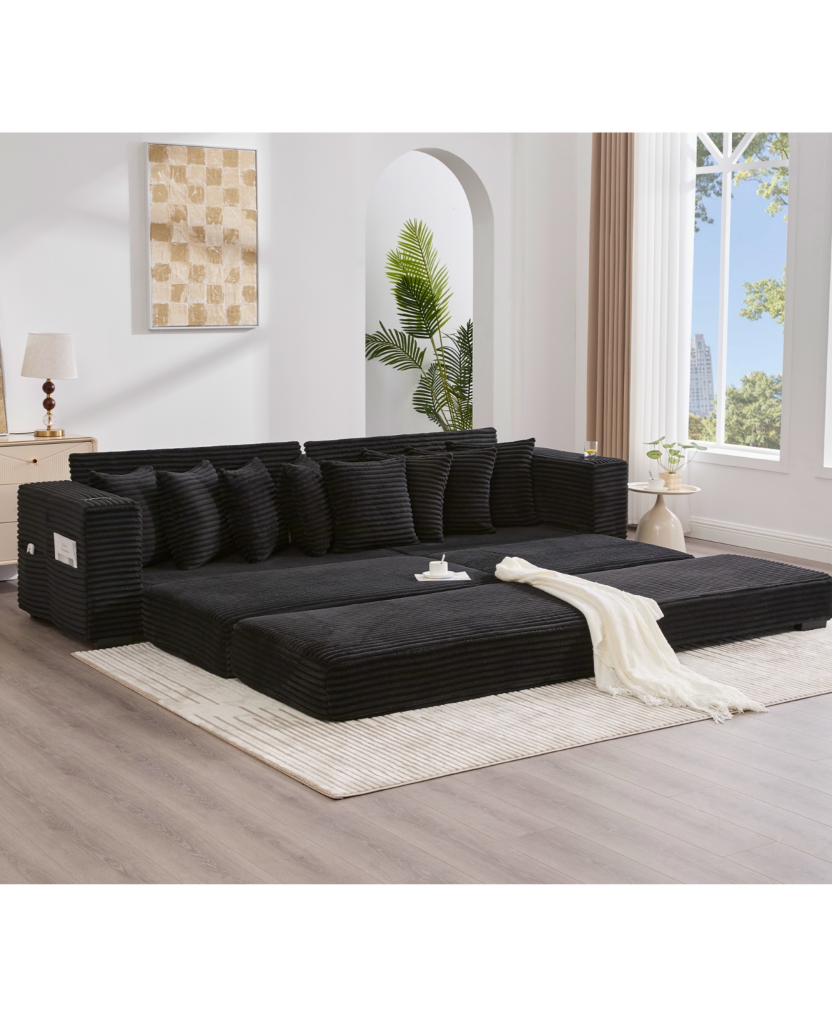Streamdale Furniture Corduroy L-Shaped Sectional Sofa Bed with Ottoman, Pillows & Cup Holders - Black