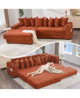 Corduroy L-Shaped Sectional Sofa Bed w/ Footstool, Pillows & Cup Holders