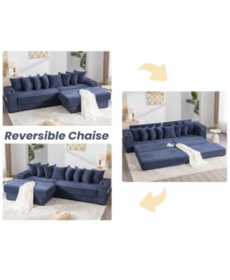  Corduroy L-Shaped Sectional Sofa with Ottoman, Pillows, & Cup Holders - Blue