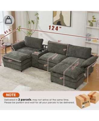 U-Shaped Sectional Sofa- Storage, Wireless Charging, Bluetooth, Green