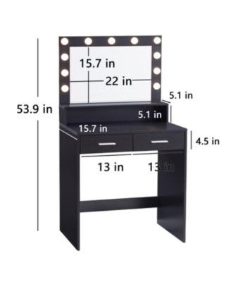 Vanity Desk with Lighted Mirror, Large Drawer & Storage - Black