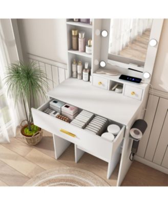 Vanity Table with LED Lights, Power, Hairdryer Holder & Stool - White