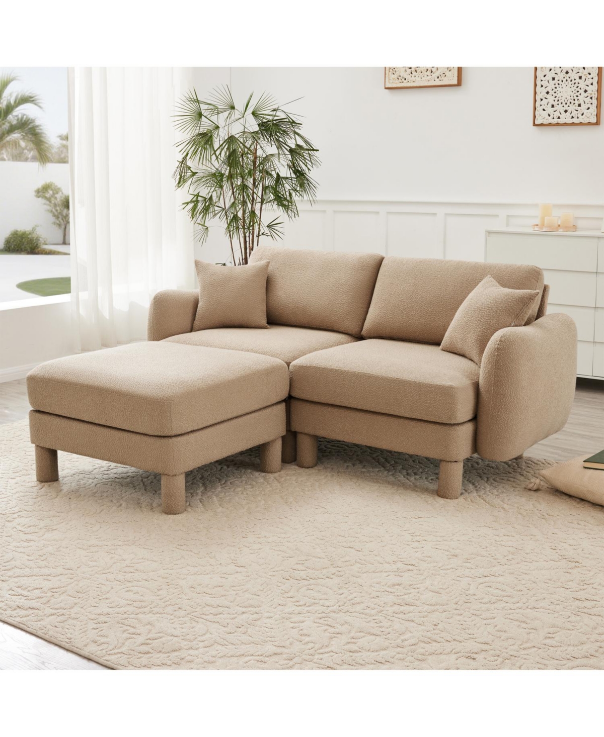 Streamdale Boucle Loveseat Sofa with Ottoman & Shell Armrests - Coffee