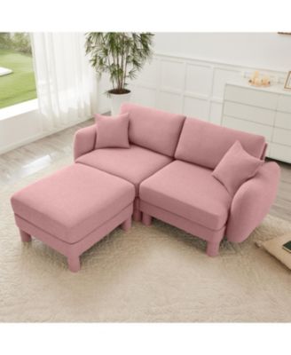 Pink Boucle Loveseat Sofa with Ottoman & Shell Armrests