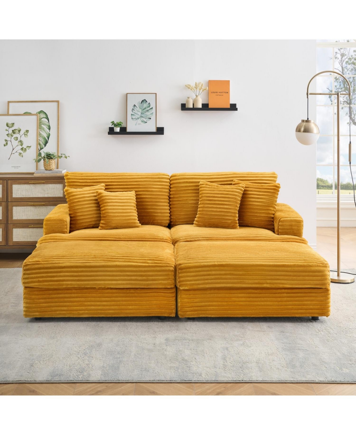 Streamdale Furniture Orange Corduroy Sofa w/ Storage Legs & 4 Pillows