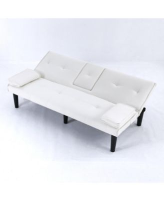 67" White PVC Sofa Bed - Foldable with Cup Holder