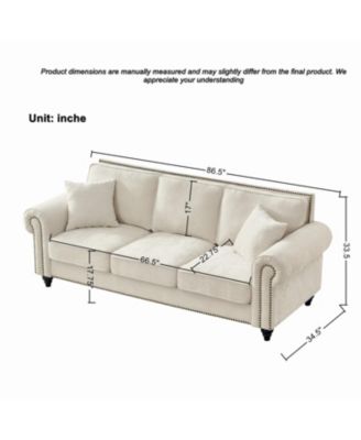 86" Modern 3-Seater Chenille Sofa with Rolled Arms & Nailhead Trim - Beige