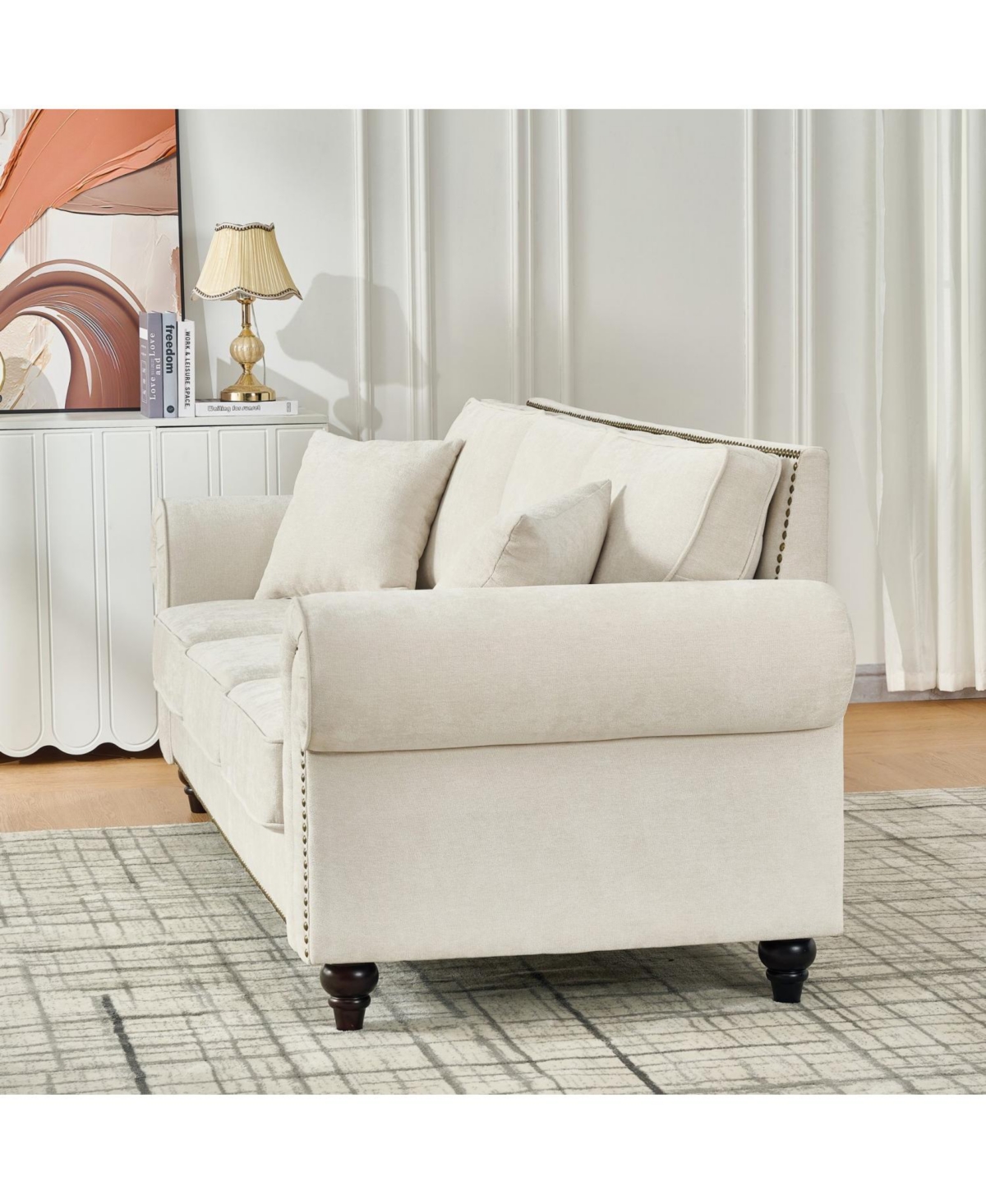 Streamdale Furniture 63" Modern Chenille Sofa - Rolled Arms, Nailhead Trim - Beige