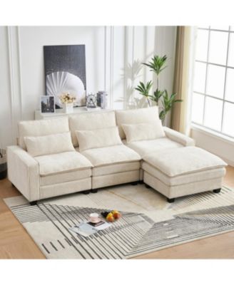 99" Cloud Sectional Sofa, Chenille L-Shape Couch with Ottoman, Beige