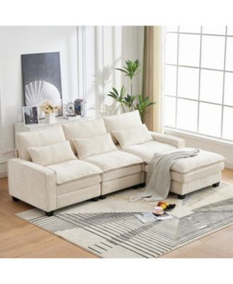 99" Cloud Sectional Sofa, Chenille L-Shape Couch with Ottoman, Beige