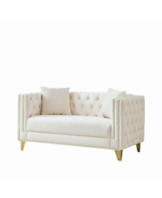 58" Chesterfield Velvet Sofa, 2 Seater, Button Nailhead, Beige