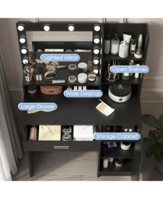 Vanity Desk with Lighted Mirror, Drawer & 3-Tier Storage, Adjustable Brightness