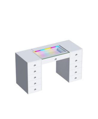 51.2" RGB LED Vanity Desk, Modern Glass Top Makeup Table with 11 Drawers