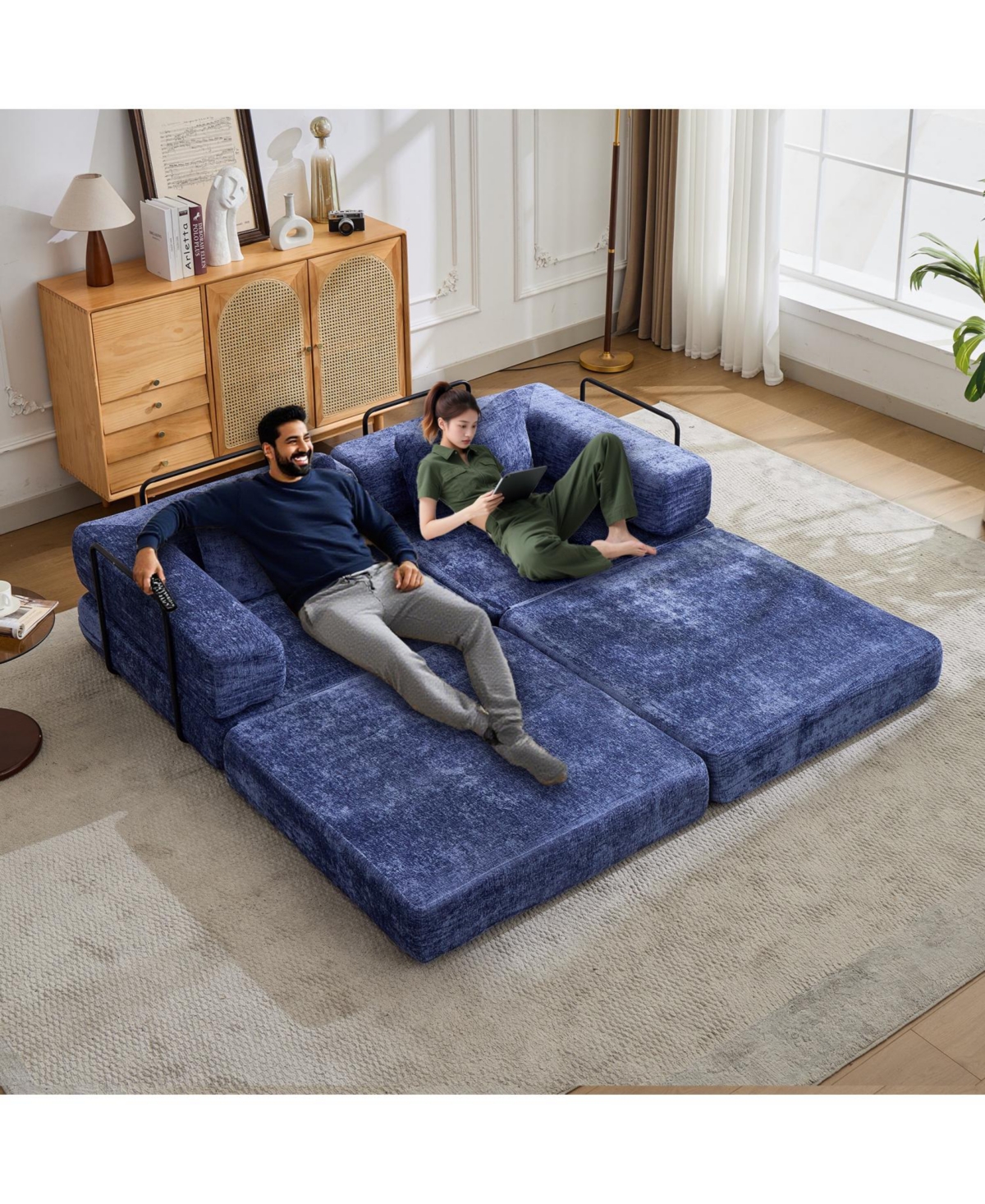 Streamdale Furniture Compression Convertible Floor Sofa Bed Dark Blue