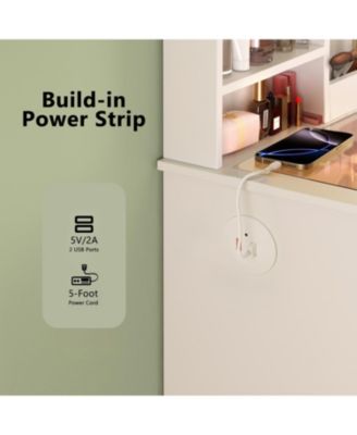 Vanity Desk with Lighted Mirror, USB Power, Drawers & Cabinet (White)