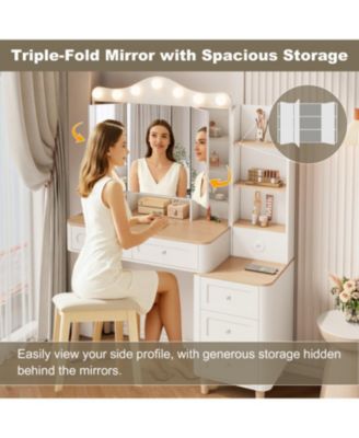 Vanity Desk with Lighted Mirror, USB Power, Drawers & Chest