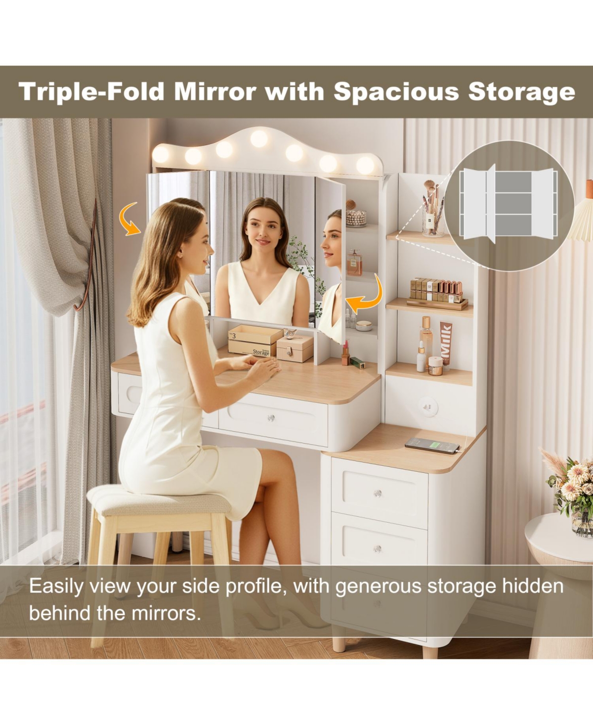 Streamdale Furniture Vanity Desk with Lighted Mirror, Usb Power, Drawers & Chest