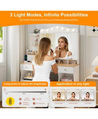 Vanity Desk with Lighted Mirror, USB Power, Drawers & Cabinets (White)