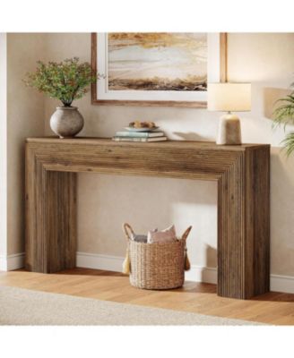 63" Console Table, Rustic Fluted Long Sofa Table Behind Couch for Entryway, Living Room, Hallway, Foyer, Brown