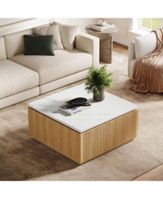 31.5" Square Coffee Table, Modern Wood Center Table Cocktail Furniture, White & Brown