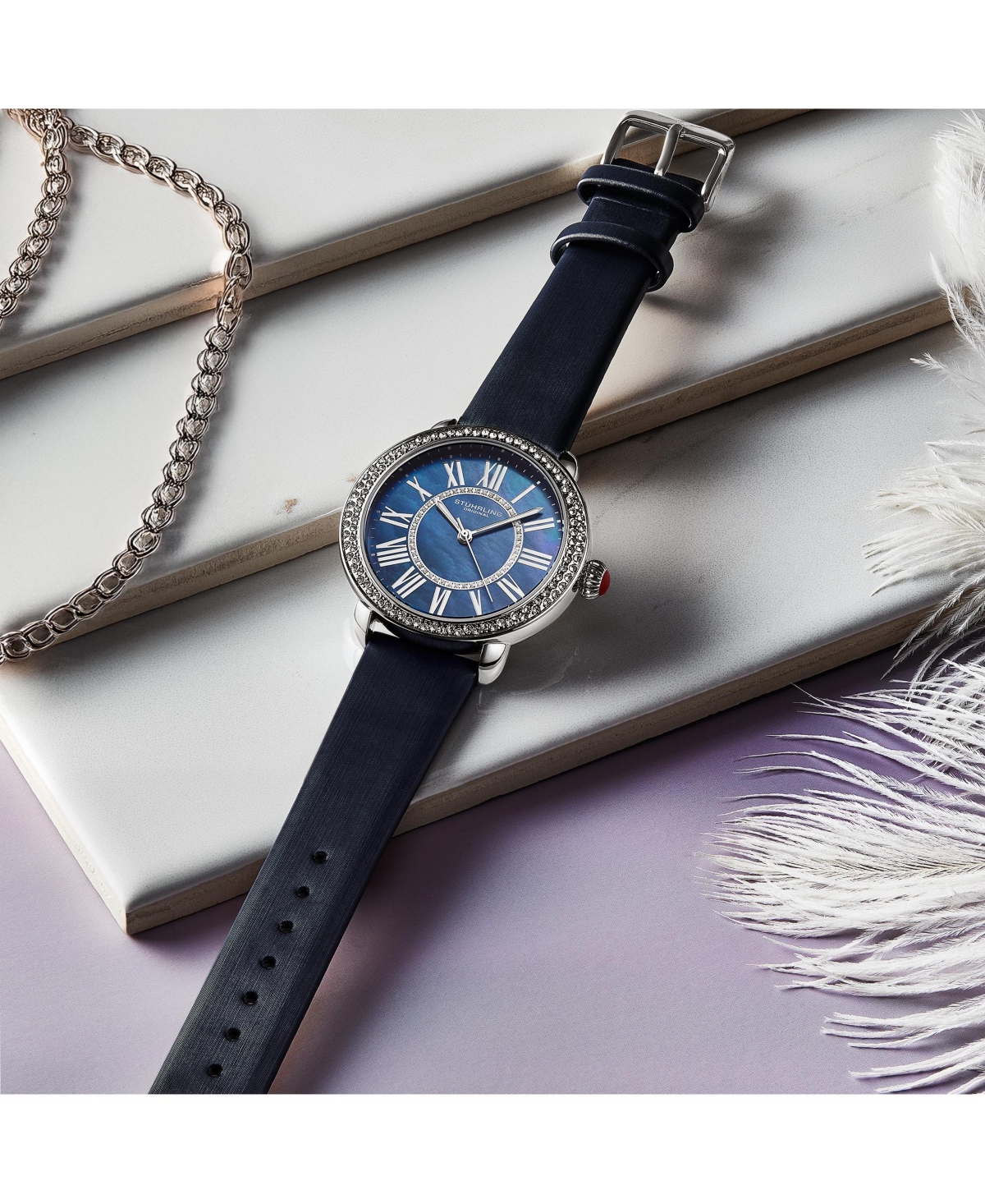 Stuhrling Elegant Women s 40mm Dress Watch – Model 4068, Blue Satin Leather Band, Crystal Accents