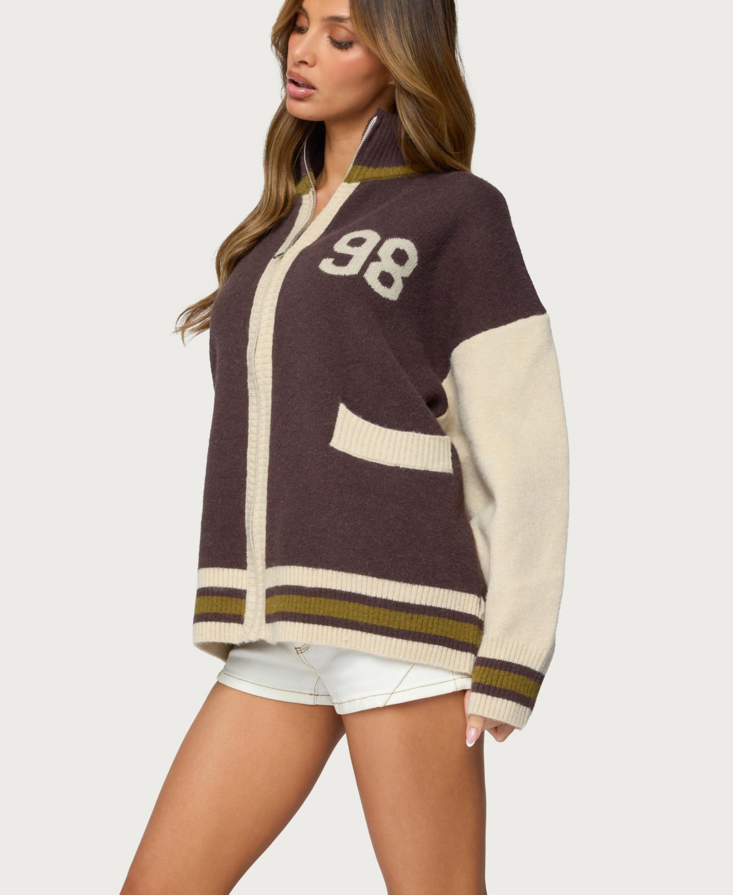 Женский свитер Edikted 98 Varsity Zip Up, цвет: Коричневый — фото 4