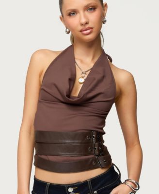 Womens Buckle Cowl Neck Backless Top