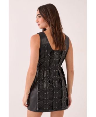 Women's Eyelet Lace Up Faux Leather Mini Dress